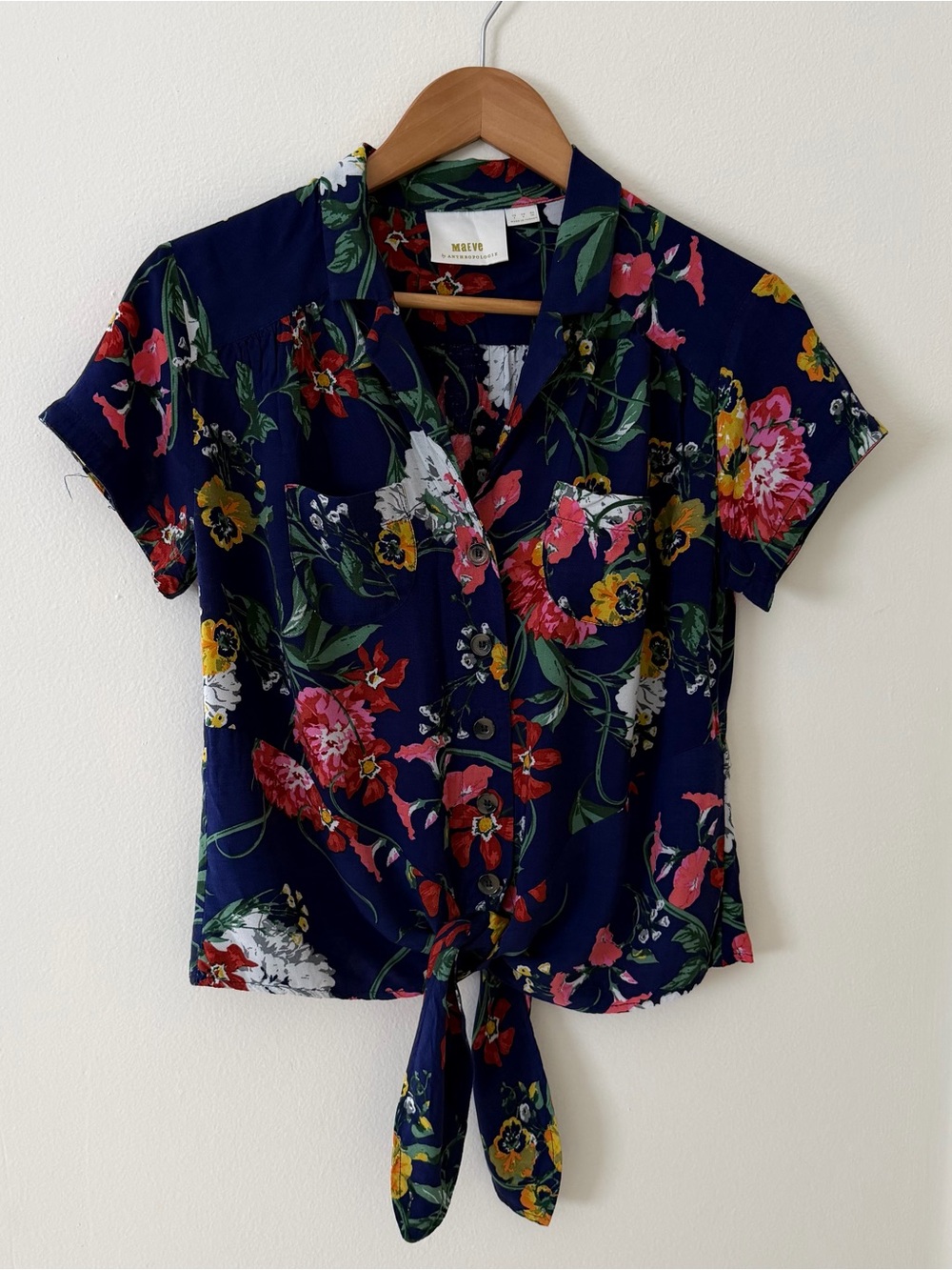 Anthropologie Navy Floral Button-Front Tie Short-Sleeve Top - Picture 8 of 8